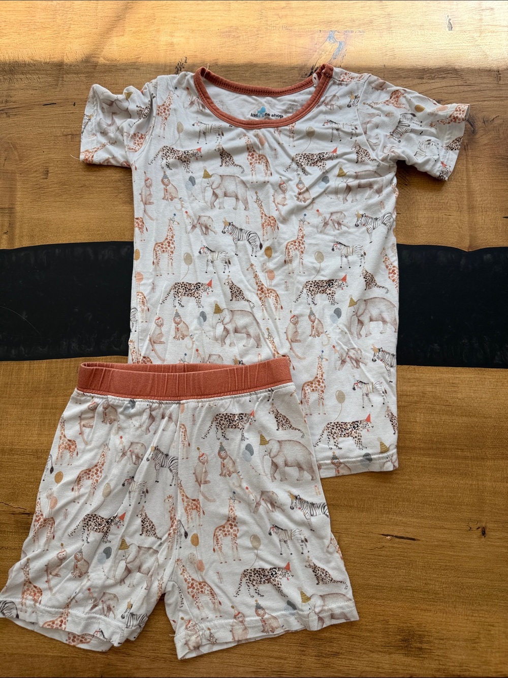 Little One Shop White Party Animal bamboo Pajama Set with Rust Trim